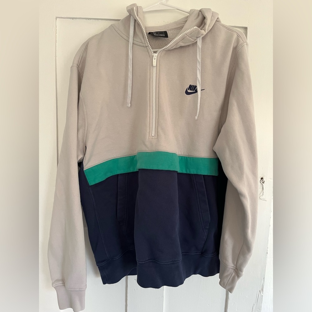 Nike Women's Gray and Navy Sweater with Green Accent